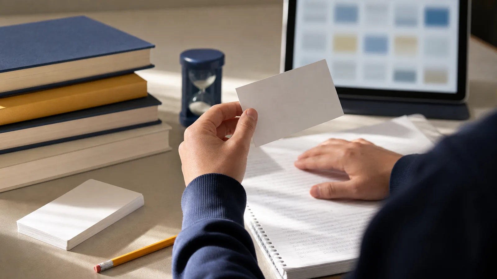 Student holding a blank flashcard while practicing active recall