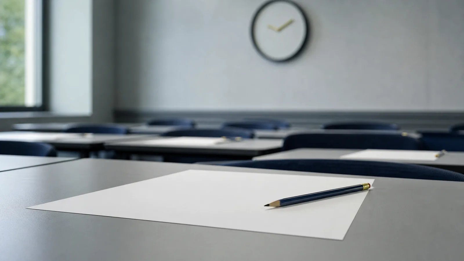 Quiet exam room with blank answer sheets prepared for mock board practice
