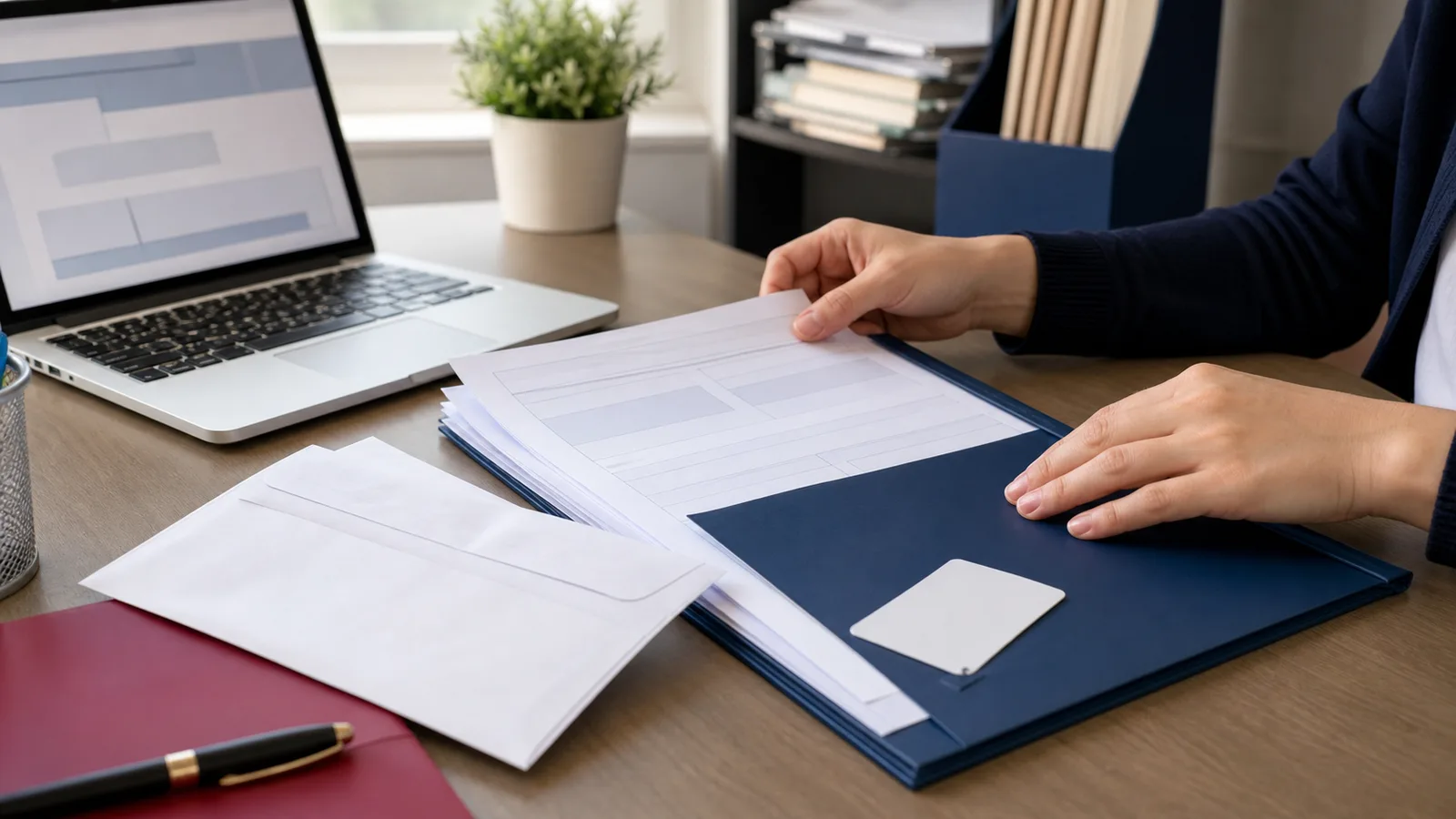 Hands sorting blank filing requirements into a folder beside a laptop