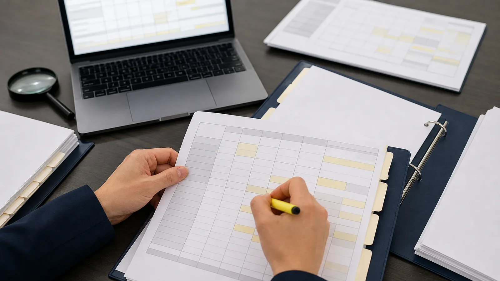 Hands reviewing blank specification tables and documents on an office desk