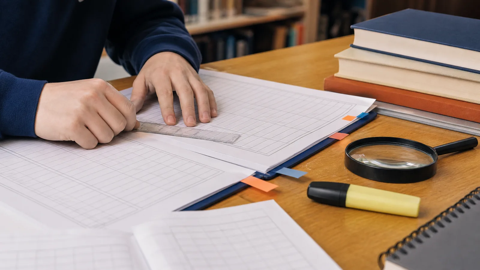 Student using a ruler to review blank exam specification tables