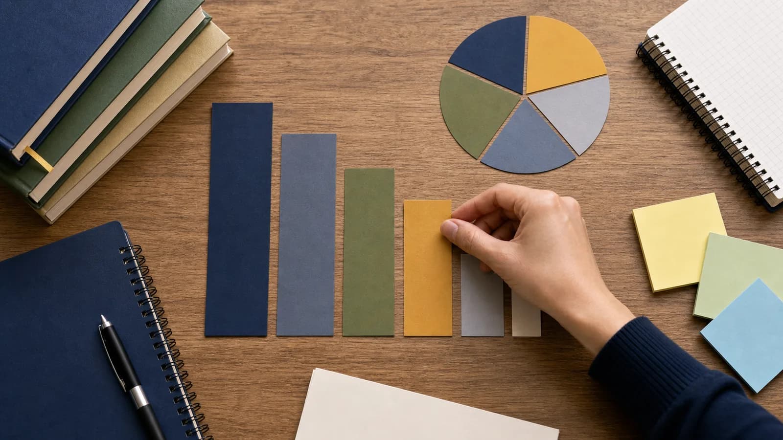 Abstract paper charts arranged on a desk for subject prioritization