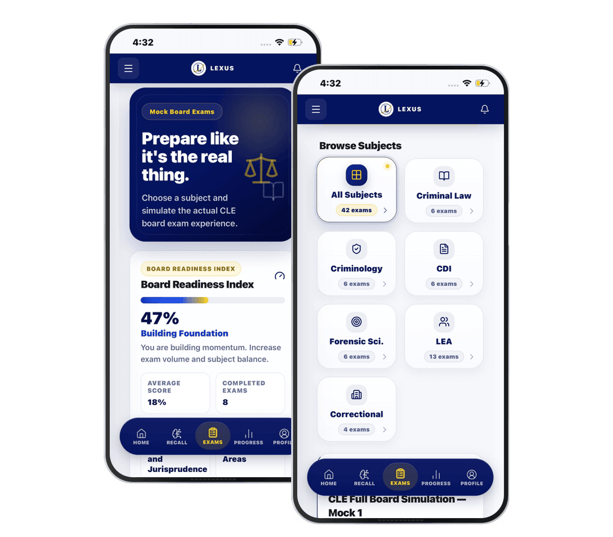 Lexus app interface showing subject browsing, mock board exams with board readiness analytics at 47% with detailed scoring breakdown